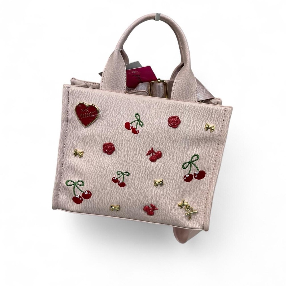 Betsey Johnson Pink Purse - Cherry, Rose, Bow Pattern Decals - Removable Strap